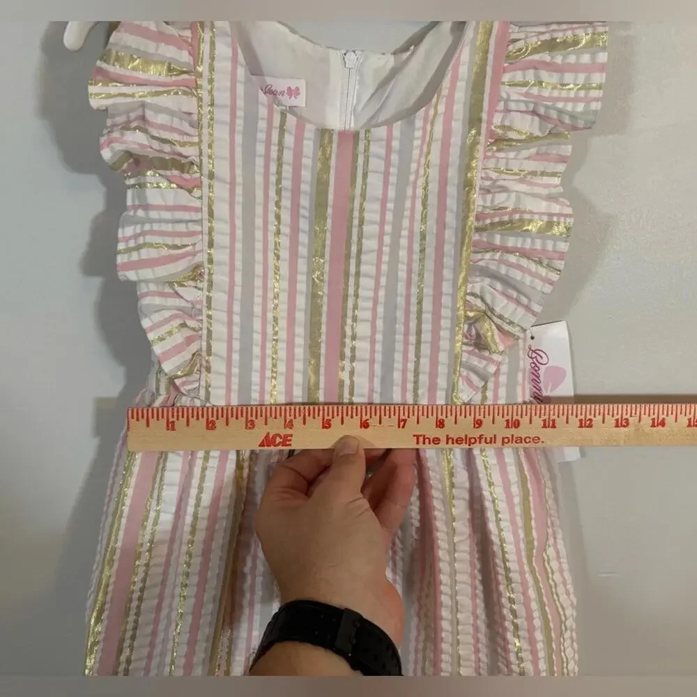 Bonnie Jean Girls Pink Gold Stripe Party Dress 6X NWT $76 Ruffle Sleeveless